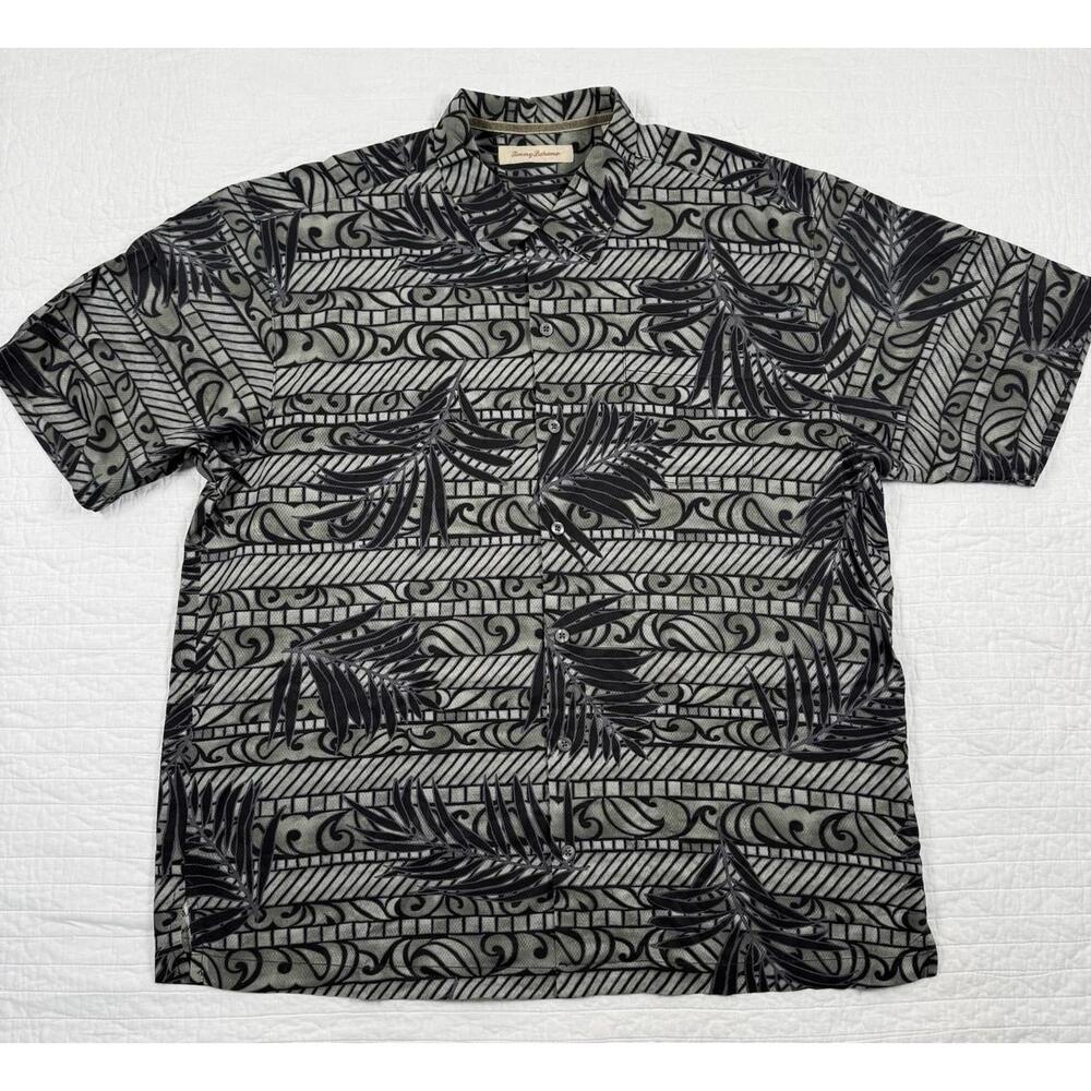 Tommy Bahama Silk Hawaiian Shirt Tropical Palm Leaf Print Black Gray XL